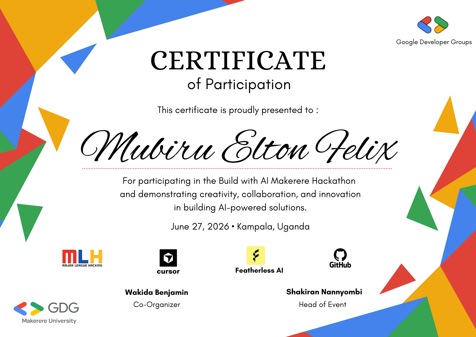 Build With AI Makerere Hackathon Certificate