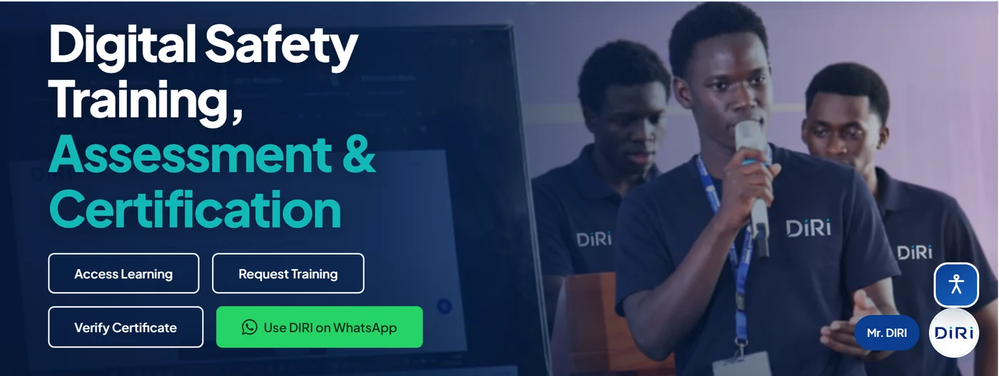 Diri Uganda home page: Digital Safety Training, Assessment and Certification, with Access Learning, Request Training, Verify Certificate and Use DIRI on WhatsApp